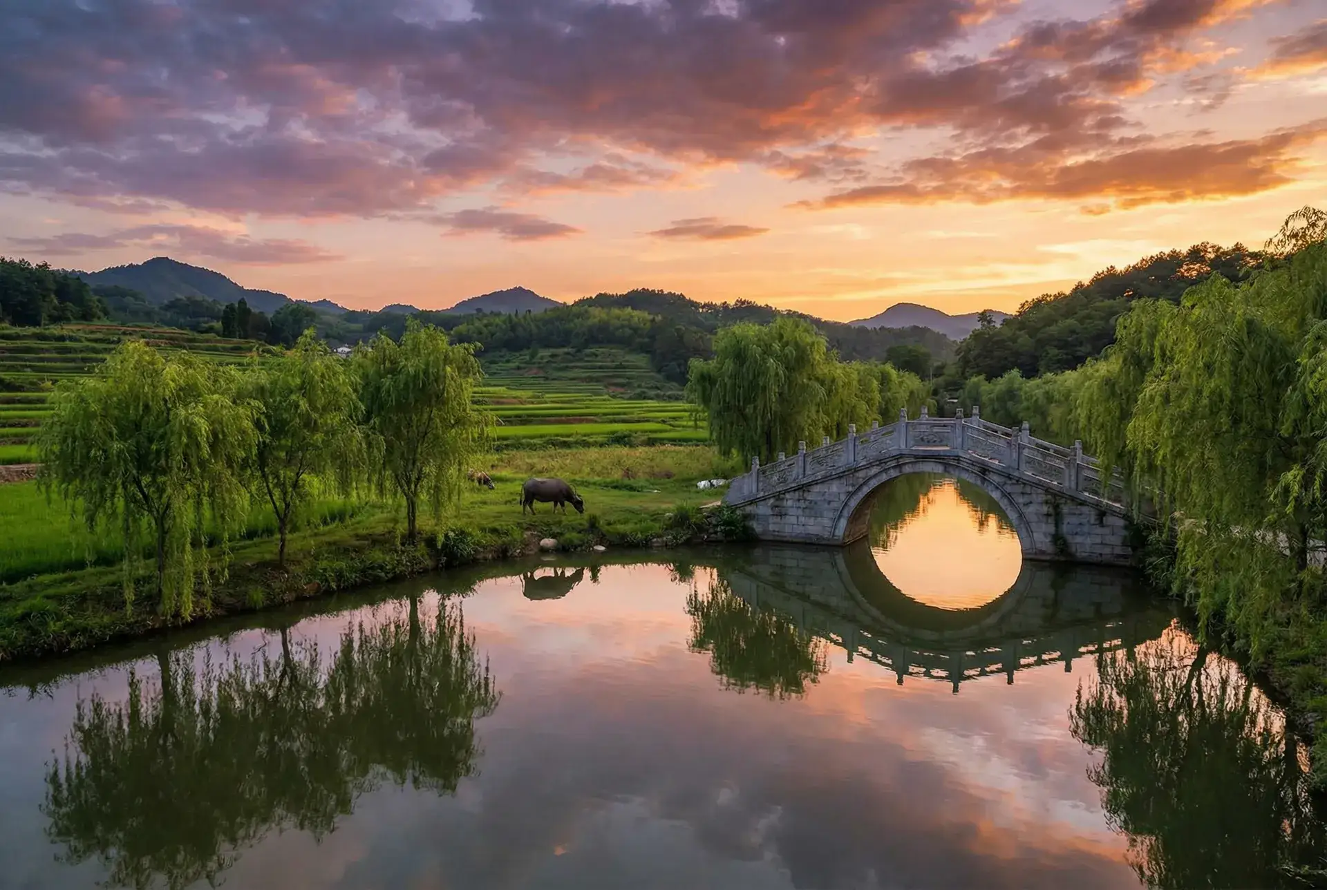 夕阳下的石拱桥与垂柳，水牛在河边吃草 - 性劫兰桂坊 乡村美景